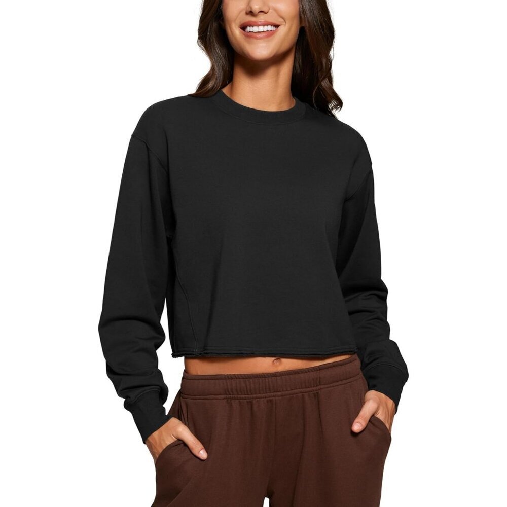 Womens Fleece Cropped Sweatshirt Cotton Modal Long Sleeve Casual Pullover